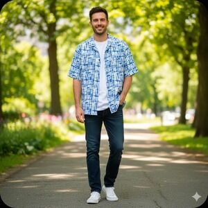 Trust Men's XXL 2XL Linen Blue White Plaid Short Sleeve Button‎ Up Shirt Vintage